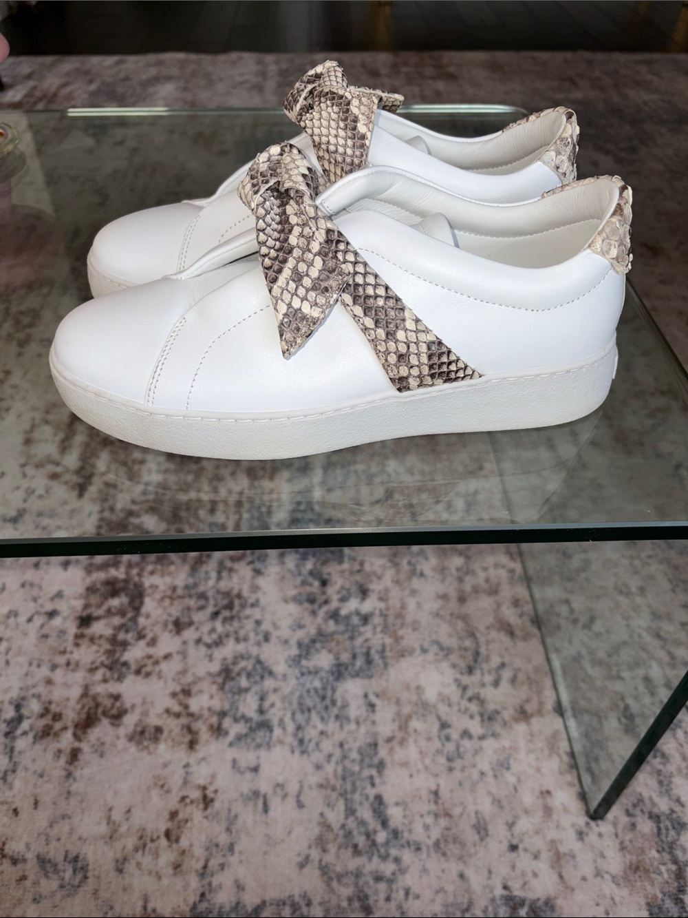ALEXANDRE BIRMANWhite Leather Slip-On Sneakers with Snake-Print Bow 8